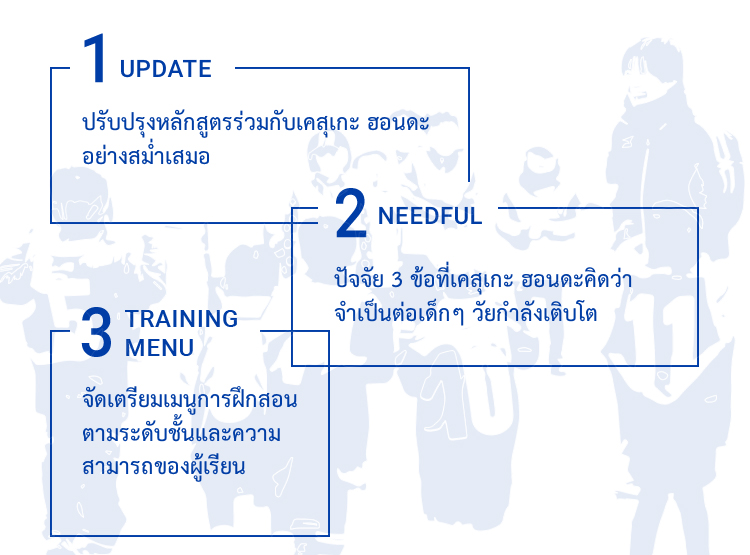 ปรับปรุงหลักสูตรร่วมกับเคสุเกะ ฮอนดะอย่างสม่ำเสมอ, ปัจจัย 3 ข้อที่เคสุเกะ ฮอนดะคิดว่าจำเป็นต่อเด็กๆ วัยกำลังเติบโต, จัดเตรียมเมนูการฝึกสอนตามระดับชั้นและความสามารถของผู้เรียน